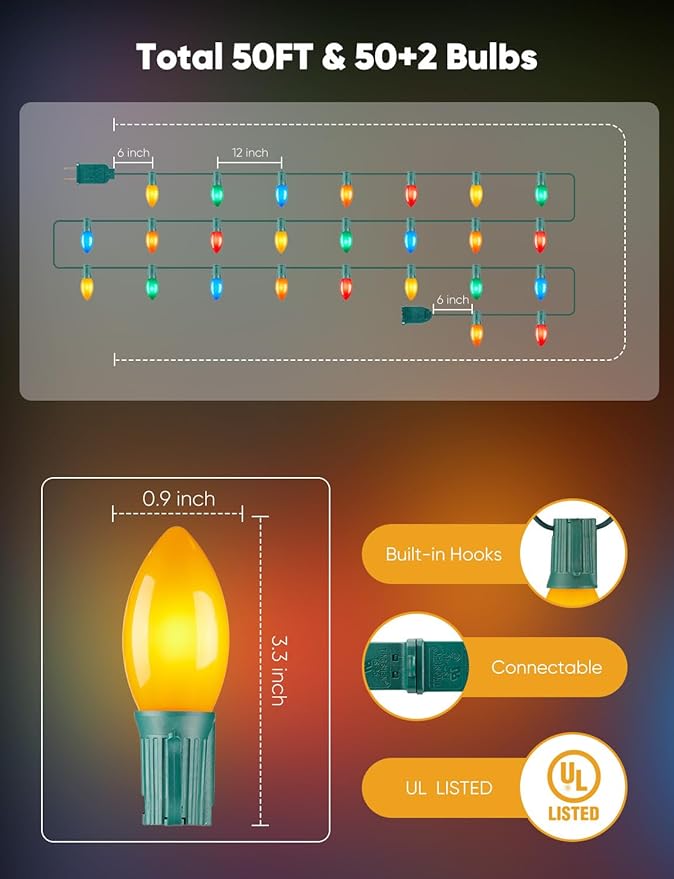 Vintage C9 LED Christmas Lights Outdoor, 50FT Multicolor Christmas String Lights with 50 Colorful Bulbs, Connectable Waterproof Lights for Christmas Tree Roofline Garden Patio Backyard Decoration