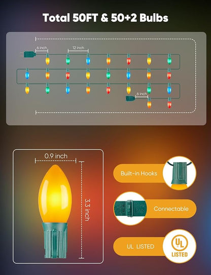 Vintage C9 LED Christmas Lights Outdoor, 50FT Multicolor Christmas String Lights with 50 Colorful Bulbs, Connectable Waterproof Lights for Christmas Tree Roofline Garden Patio Backyard Decoration