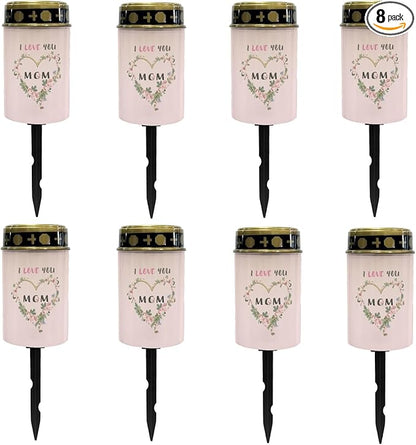 I Love Mom Solar Lights Outdoor Solar Garden Stake Lights Landscape Lighting for Yard Patio Cemetery Decoration for Grave,Flameless Warm White Lights Solar Powered Lights for Outside