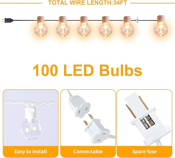 Afirst White Outdoor String Lights 34ft with100 LED Bulbs Waterproof Patio Lights for Garden Backyard Holiday