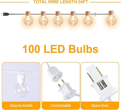 Afirst White Outdoor String Lights 34ft with100 LED Bulbs Waterproof Patio Lights for Garden Backyard Holiday