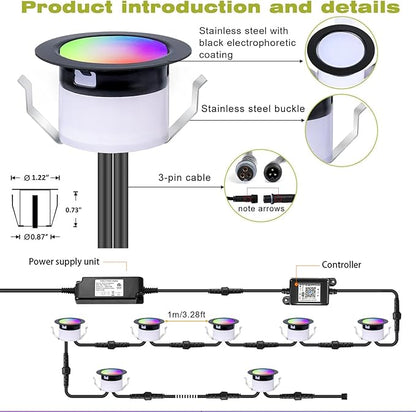 Sumaote LED Deck Lights Kit, 30Pack 1.22" WiFi RGBW+IC Multicolor Dynamic Recessed Low Voltage Deck Lighting Work with Alexa/Google Home, IP67 Waterproof 12V Step Lights Outdoor for Garden Yard Stair