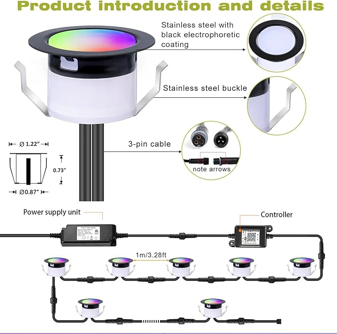 LED Deck Lights Kit, 6Pack 1.22" Low Voltage WiFi RGBW+IC Multicolor Dynamic Recessed Deck Lighting Work with Alexa/Google Home, IP67 Waterproof 12V Step Lights Outdoor for Garden Yard Path Stairs