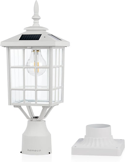 Kemeco ST4224Q-W Solar Post Light Outdoor Led Squared Frame Fixture with 3" Pier Mount Base for Garden Street Pole Landscape Yard Driveway Entryways (White)