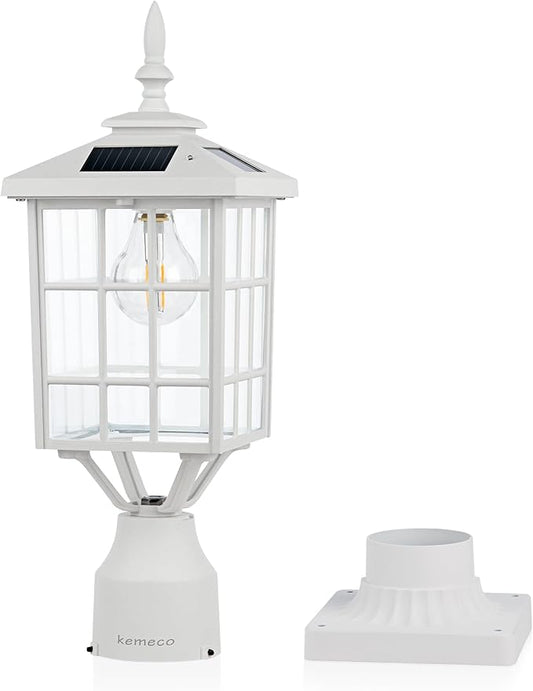 Kemeco ST4224Q-W Solar Post Light Outdoor Led Squared Frame Fixture with 3" Pier Mount Base for Garden Street Pole Landscape Yard Driveway Entryways (White)