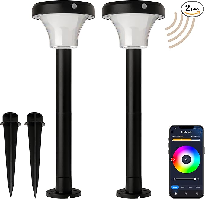IntelliPath Solar Smart LED Landscape Path or Fence Post with Linkable IR Motion Sensor and Daylight Sensor 160 Lumens 8 Hours on Full Charge RGB Color Changing and Tunable White in Black (Pack of 2)