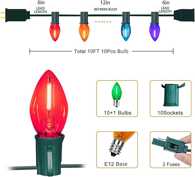 10FT C7 Christmas Lights, Multicolor LED Indoor String Lights with 10 Vintage Bulbs, for Xmas Tree, Window, Party | Lumora