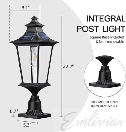 Emliviar 22 Inch Farmhouse Solar Lamp Post Light with Pier Mount, Large Outdoor Post Light for Outside Patio with Remote Control, Die-Cast Aluminum, Black Finish, 500181M-SL BK