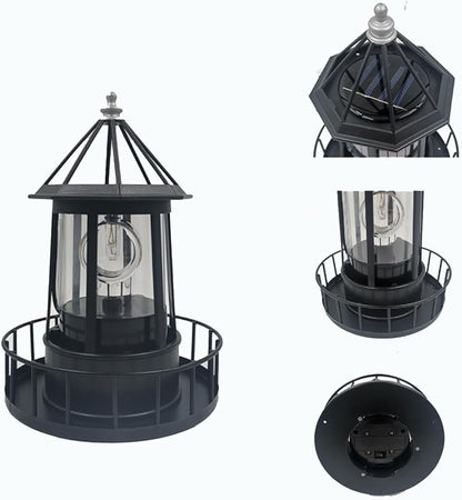 LED Solar Powered Lighthouse, 360 Degree Rotating Lighthouse Lamp, IP66 Waterproof LED Solar Lights Towers Statue for Outdoor Garden Pathway Patio(Black)