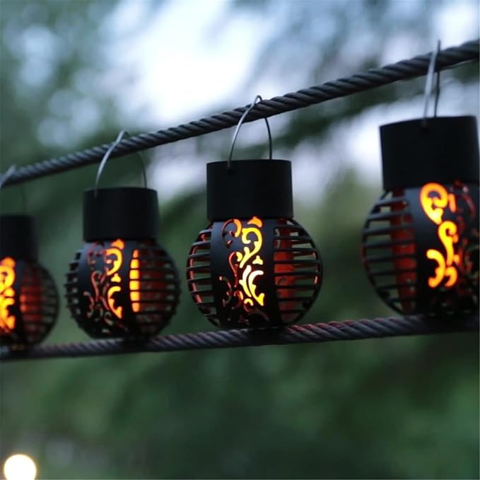 Solar Outdoor Lights Simulation Flame Chandelier Decorative Hanging LED Round Ball Lights 2 Pack Solar Garden Lights Waterproof Solar Powered Ball Lights for Camping Yard Patio Fence Tree Decoration