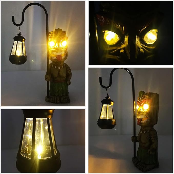 16.7" H Tiki Decor Garden Statue,Large Lantern Tiki Figurine with Solar Lights,Hawaiian Tiki Man Outdoor Patio Yard | Lumora