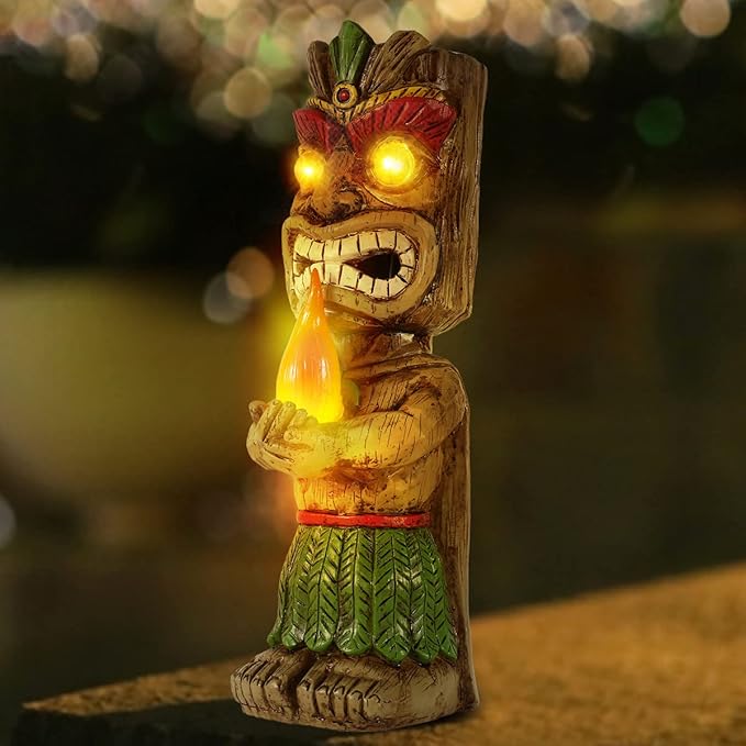 13" Tall Solar Torch Tiki Garden Statue, Resin Large Tiki Decor Figurine with Solar Lights, Hawaiian Tiki Man | Lumora
