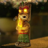 13" Tall Solar Torch Tiki Garden Statue, Resin Large Tiki Decor Figurine with Solar Lights, Hawaiian Tiki Man | Lumora