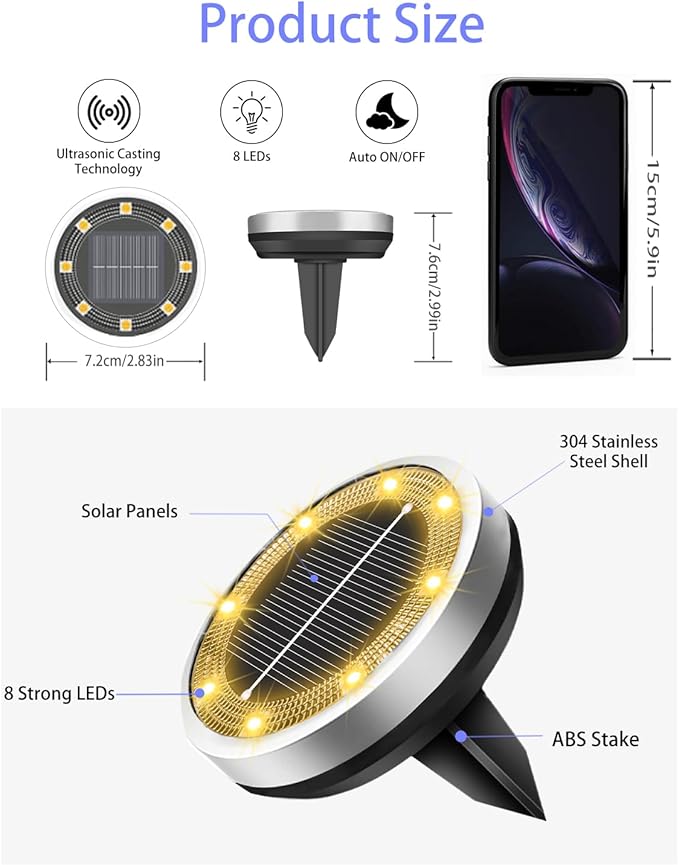 Solar Lights Outdoor Waterproof, 8 Pack 8 LED, Thickened Stainless Steel Ground Light, Solar Garden Lights | Lumora