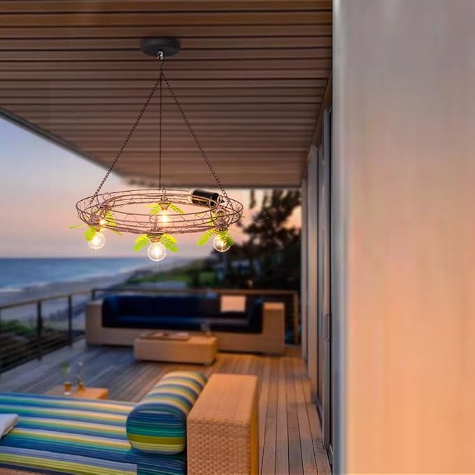 Battery Operated Outdoor Chandelier, Decorative Hanging Pendant Lights with 6pcs G40 Bulbs, Rust Finish Metal Wire Floral shade, Brightness Adjustable with Timer for Pergola Gazebo Porch Patio Decor
