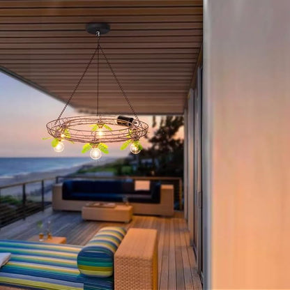 Battery Operated Outdoor Chandelier, Decorative Hanging Pendant Lights with 6pcs G40 Bulbs, Rust Finish Metal Wire Floral shade, Brightness Adjustable with Timer for Pergola Gazebo Porch Patio Decor