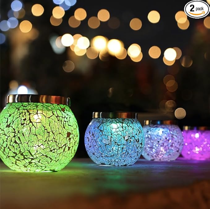 Cooo 2 Pack Gift for her him Heavy Solar Mosaic Crackle Glass Lights with Dual Solar Panels, Color-Changing RGB Lantern, Exclusive Dazzling Glass, Waterproof Outdoor Table Lamps Garden Lamp