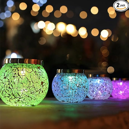 Cooo 2 Pack Gift for her him Heavy Solar Mosaic Crackle Glass Lights with Dual Solar Panels, Color-Changing RGB Lantern, Exclusive Dazzling Glass, Waterproof Outdoor Table Lamps Garden Lamp