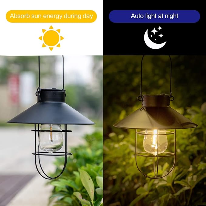 HUYIENO 2Pack Solar Metal Hanging Lantern with Shepherd Hook Outdoor Led Garden Lights Black | Lumora