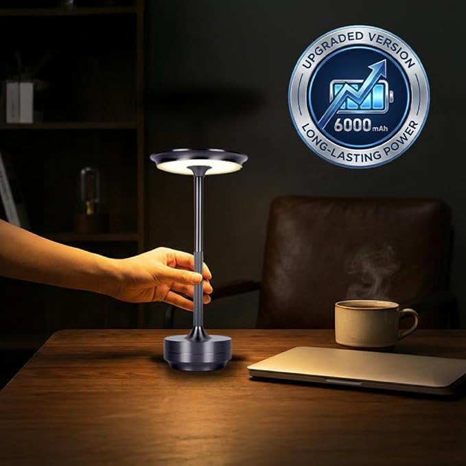 2026 Upgraded 6000mAH for longer battery life. Cordless Table Lamps Rechargeable, Portable Lamp, Stepless Dimming LED Table Light with Memory Function, for Outdoor/Dinner/Patio/Restaurant, (Gun Metal)