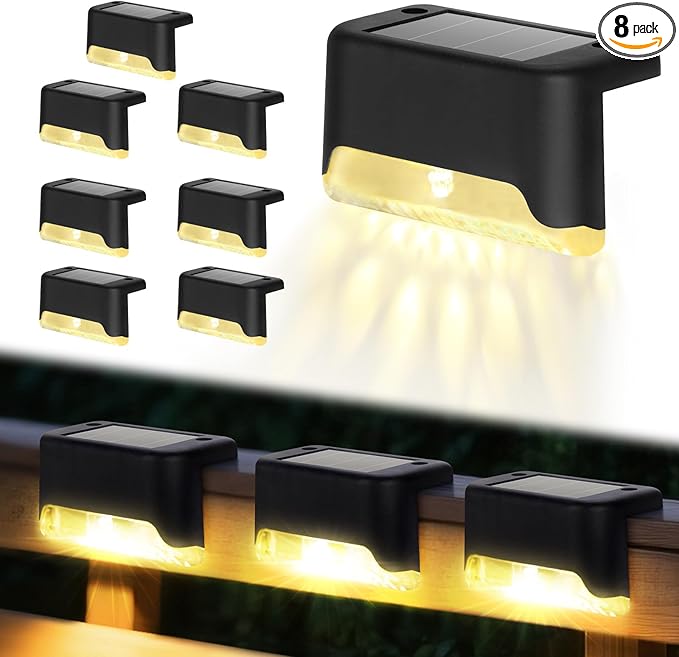 Solar Deck Lights, 8 Pack LED Waterproof Outdoor Lights for Stairs, Steps, Fence, Railing, Pathway (8)