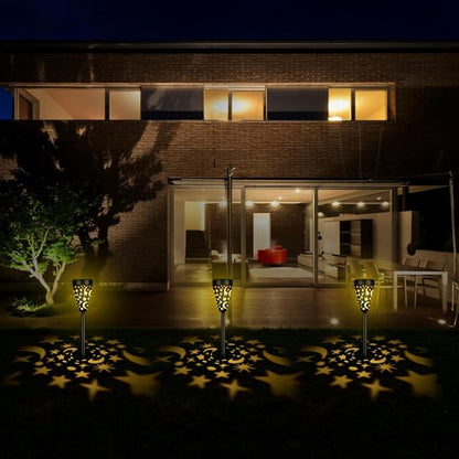 Housoutil 4pcs Solar Garden Pathway Lights Outdoor Solar Powered Landscape Lamps Waterproof Yard Walkway Star Hollow Design for Patio and Backyard Decoration