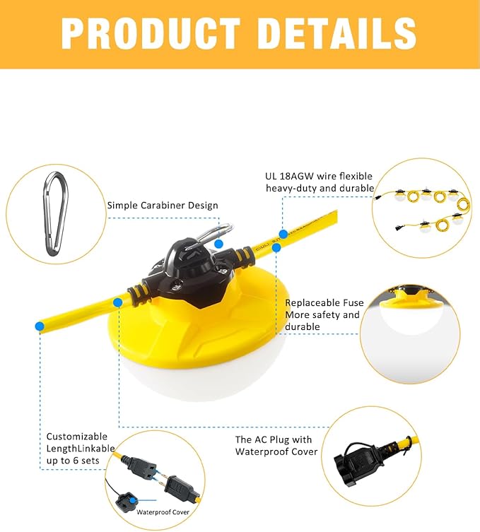 50FT Construction String Light 65W 8000Lm, 5000K Industrial Grade LED String Work - Outdoor Security Flood Light | Lumora