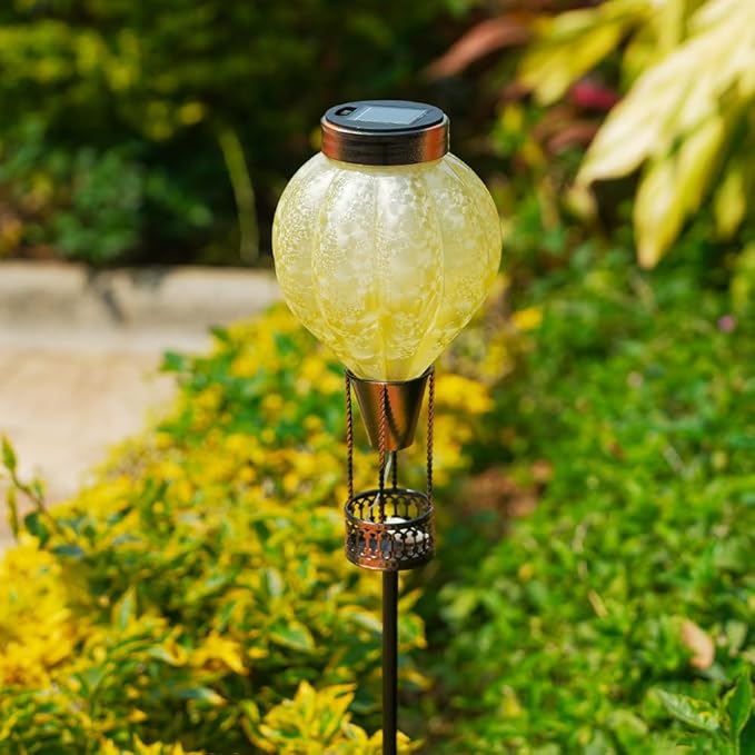 Outdoor Solar Lights Waterproof with Hot Air Balloon, Flickering Flame Solar Garden Light Glass Landscape Lamp, Stake Lights Outside Decor for Pathway Walkway Yard Patio