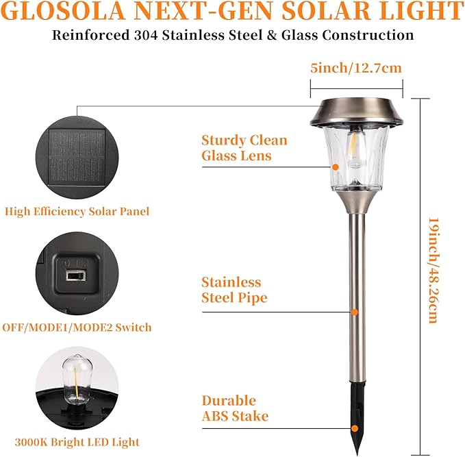 Solar Pathway Lights Outdoor Waterproof, 4 Pack Glass & Stainless Steel Landscape Lighting, Dual Brightness 12/25 Lumens Warm White, Auto On/Off IP65 Solar Powered LED Lights for Yard, Porch, Garden