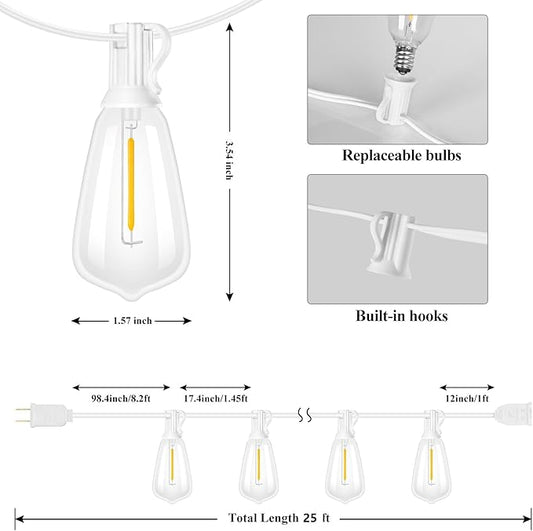 Brightever Outdoor String Light 25 FT, ST38 Patio Lights with 13 Edison Bulbs, Waterproof Connectable Hanging Lights for Backyard Porch Balcony Party Christmas Decor, E12 Socket Base, White