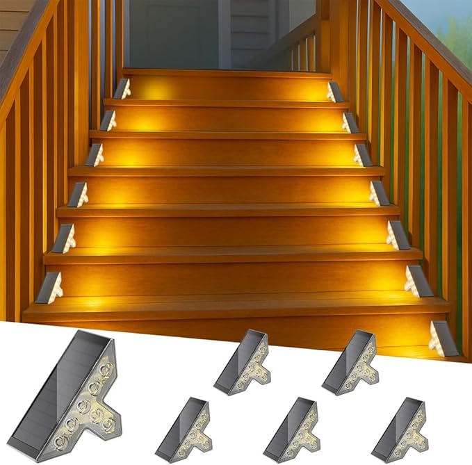 Solar Stair Lights Outdoor Waterproof 3000K, Triangle LED Step Lights for Outside, Solar Powered for Steps, Deck, Patio, Yard, Garden, Porch, Pathway, IP65 Outdoor Lighting Decor (Warm White, 6 Pack)