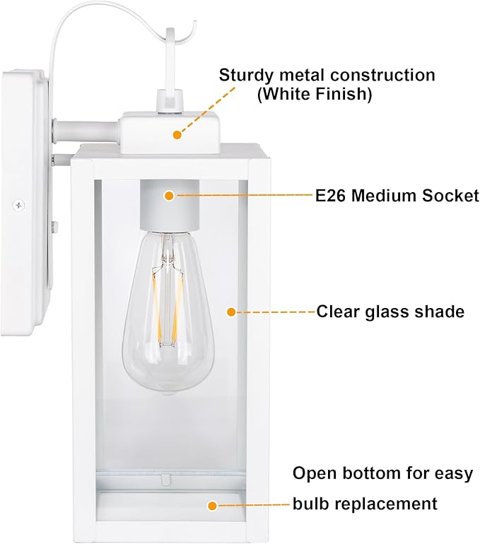 GRUENLICH Outdoor Wall Lantern, Wall Sconce for Porch Lighting Fixture, E26 Base Max 60W, Metal Housing Plus Glass, White Finish, Bulb Not Included, 1-Pack