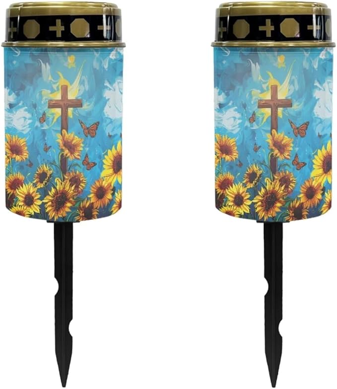 Sunflower Cross Solar Powered Garden Lights Outdoor Waterproof Solar Garden Lights Landscape Path Lights Led Candles Christianity Memorial Grave Light