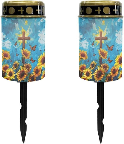 Sunflower Cross Solar Powered Garden Lights Outdoor Waterproof Solar Garden Lights Landscape Path Lights Led Candles Christianity Memorial Grave Light