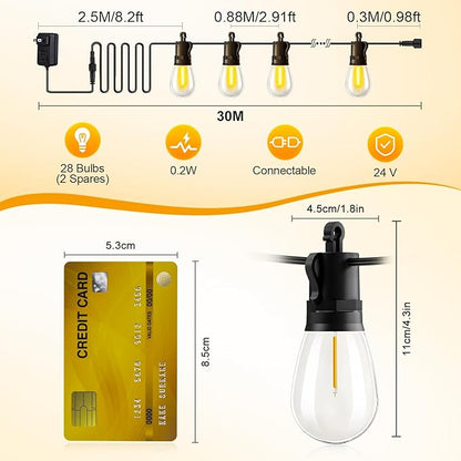 Outdoor String Lights Patio LED Light Outside - 30M 28+2 S14 LED with Remote Control 100ft Porch Lighting IP65 Waterproof