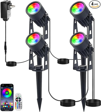 Smart RGB Low Voltage LED Spotlights, APP & Remote Control,Synchronous Dimming Lighting System, IP65 Waterproof,16 Million Colors for Outdoor Landscape,Yard,Garden,Holiday Decoration (4 Pack)
