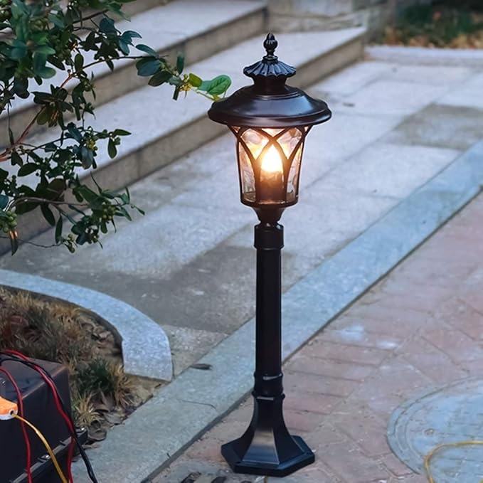 Lights Outdoor IP42 Retro Outdoor Waterproof Glass Lantern European Metal Aluminum Street Pillar Light Black Lawn | Lumora