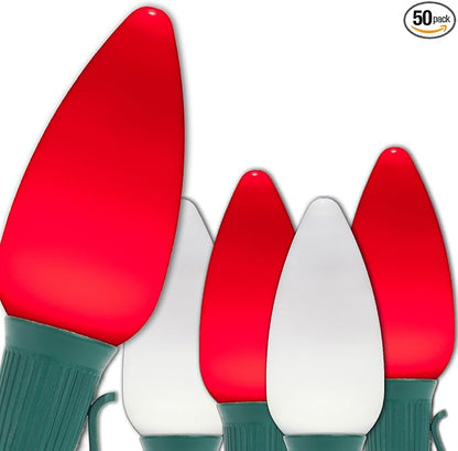 Wintergreen Lighting C9 OptiCore LED Commercial Outdoor Christmas Lights – Heavy Duty Christmas String Lights; Green Wire (50 Lights, 50 ft, Red/Cool White Smooth/Opaque)