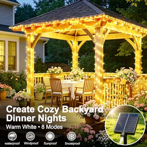 KNONEW 203FT 600LED Solar Fairy String Lights Outdoor Warm White 8 Modes