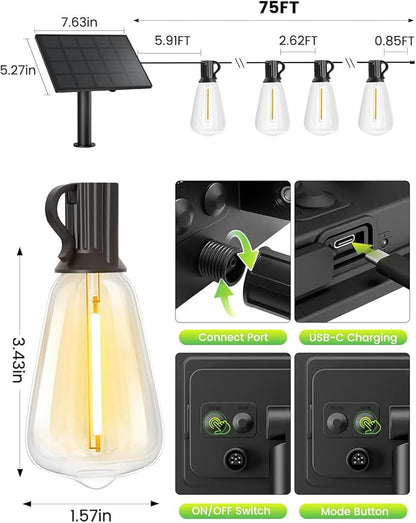 Svater ST38 75FT Solar String Lights Outdoor with Remote + S14 2W 96FT Patio Lights