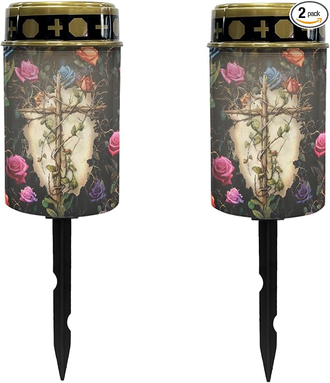 Cemetery Solar Lights for Grave,Cross-Watercolor Floral Solar Garden Stake Lights for Yard Patio Black Outdoor Solar Pathway Lights Waterproof Flameless Warm White LED Solar-Lantern