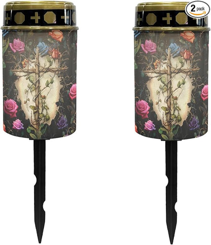 Cemetery Solar Lights for Grave,Cross-Watercolor Floral Solar Garden Stake Lights for Yard Patio Black Outdoor Solar Pathway Lights Waterproof Flameless Warm White LED Solar-Lantern