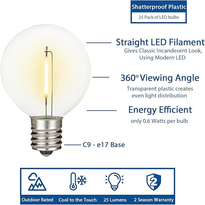 Novelty Lights 100 Feet G50 LED Patio String Light Set with 67 Bulbs, Warm White, Weather Resistant and Shatterproof Replaceable Plastic Globe Bulbs, Brown Wire