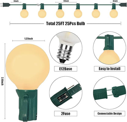 Abeja G40 Outdoor String Light, 25FT Frosted White Christmas String Lights with 27 Frosted White Bulbs, G40 Globe Patio String Lights for Backyard Porch Balcony Party Wedding Umbrella-5W Green Wire
