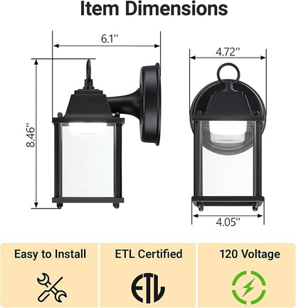 LIT-PaTH Outdoor LED Wall Lantern, Wall Sconce as Porch Lighting Fixture, 5000K Daylight White, 9.5W 800 Lumen, Aluminum Housing Plus Glass, Black Finish, 2-Pack