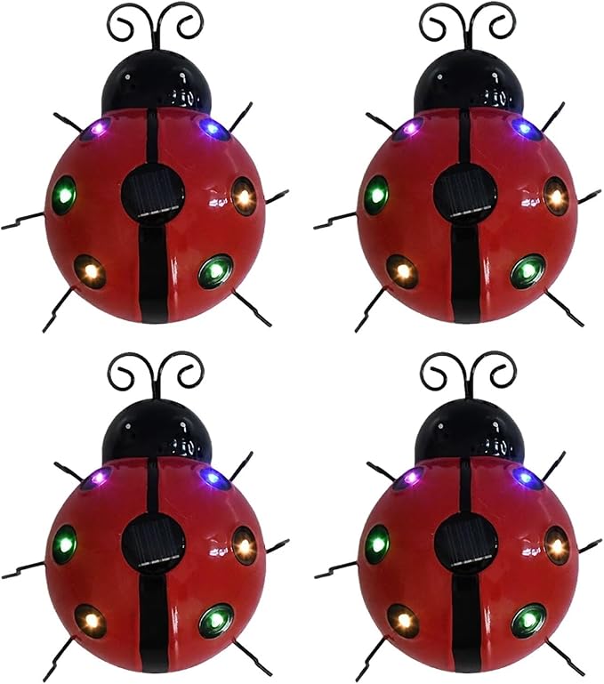 Solar Ladybug Lights Metal Garden Decor for Outside Cute Ladybugs Yard Art Lawn Ornaments Sculptures & Statues with Solar Lights Outdoor Fence Decoration for Patio