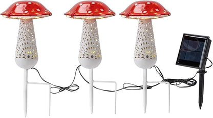 Giant Red Mushroom Solar Light - 12''H Glass and Metal Outdoor Decor Stake Light, 3-PACK, Large