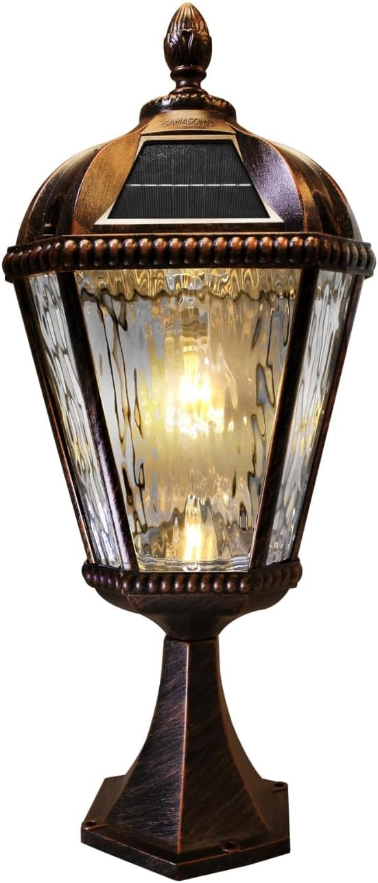 Gama Sonic Outdoor Solar Post Light with Pier Base, Brushed Bronze Finish Aluminum and Rain Glass, Royal Bulb 150 | Lumora