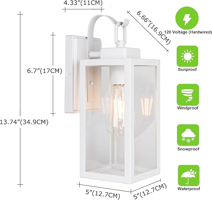 GRUENLICH Outdoor Wall Lantern, Wall Sconce for Porch Lighting Fixture, E26 Base Max 60W, Metal Housing Plus Glass, White Finish, Bulb Not Included, 1-Pack
