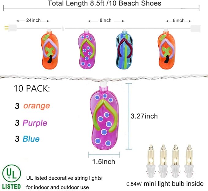 GOOTHY 8.5Ft Tropical Beach Themed Decorations Slipper String Lights with 10 Colorful Flip Flop, Outdoor Beach Flip Flop String Lights for Summer Camp Tent Wedding Holiday Party Garden Bedroom Decor
